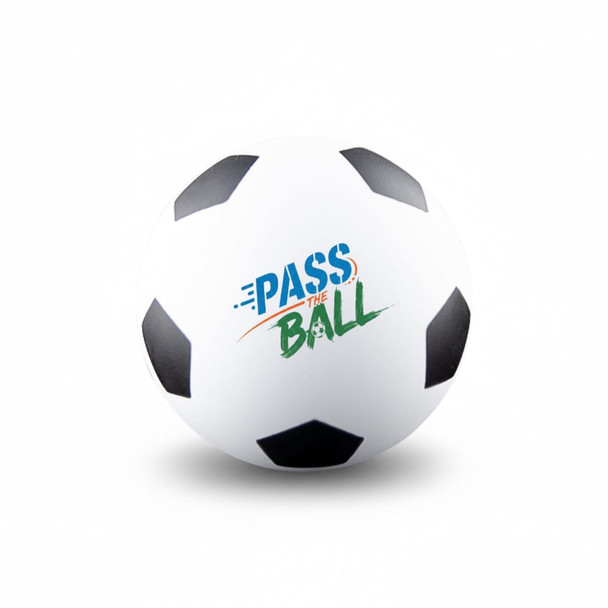 A white high bounce soccer ball with black patches and a logo featuring the words "PASS THE BALL."
