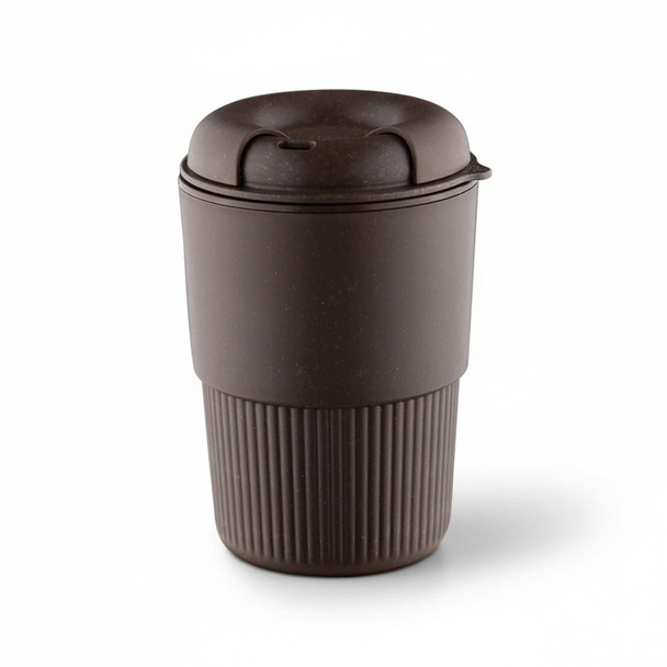 A drink bottle in a dark brown colour with a ribbed design and a secure lid. Features a branding logo.
