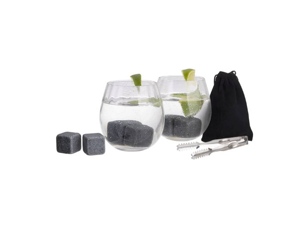 A drink set featuring two clear glasses with drinks, grey ice cubes, tongs, and a black storage pouch.
