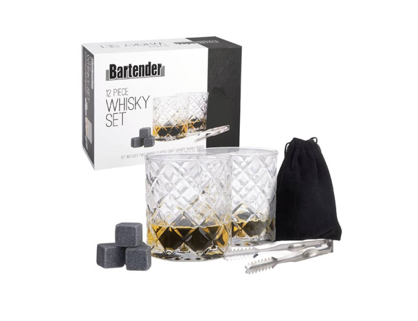 A whisky set featuring two crystal glasses, whisky stones, and tongs, presented in a black box.