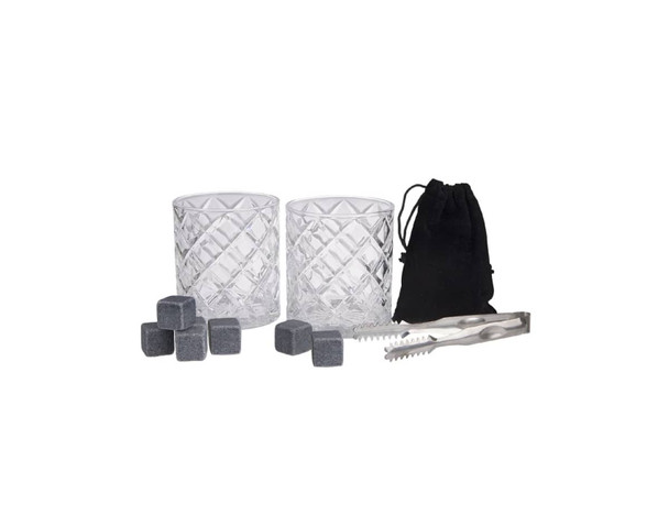 A drink set featuring two clear crystal whisky glasses, grey whisky stones, a pair of tongs, and a black storage pouch.
