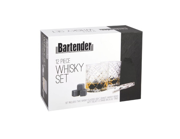 A whisky set featuring two crystal glasses, eight granite whisky rocks, a velvet storage bag, and tongs, in a black and white box.