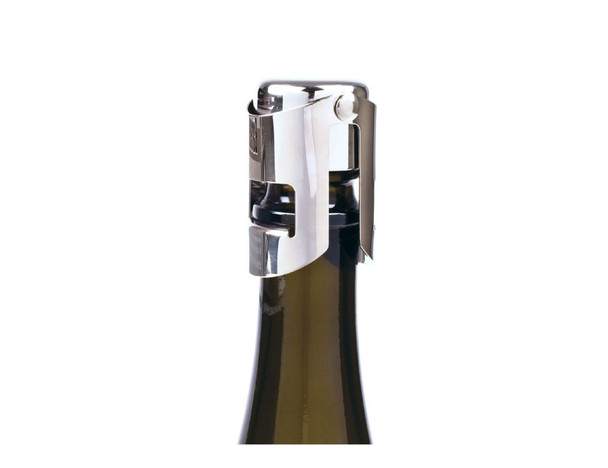 A drink bottle with a silver champagne resealer attached, featuring a sleek metallic design.