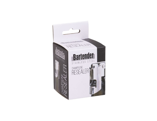 A stainless steel champagne resealer in a black and white package with a branding logo.
