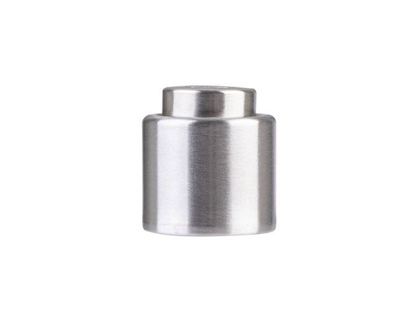 A drink bottle champagne stopper in polished stainless steel with a sleek, cylindrical design and a branding logo.