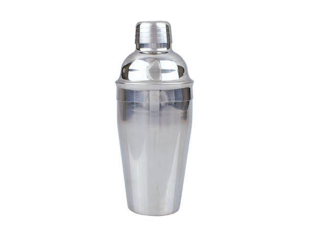 A stainless steel cocktail shaker with a sleek design and a screw-on lid. Features a simple logo.