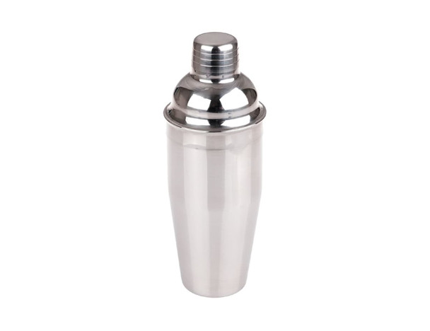 A drink bottle in a sleek silver finish, featuring a classic cocktail shaker design with a lid and logo.
