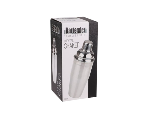 A cocktail shaker in a silver stainless steel finish, packaged in a black box with branding. Holds 700ml.