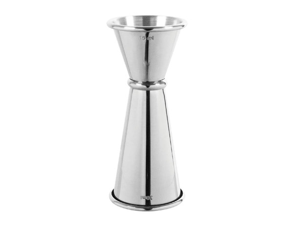 A stainless steel spirit measure with 15ml and 30ml measurements, featuring a sleek, shiny finish and a logo.