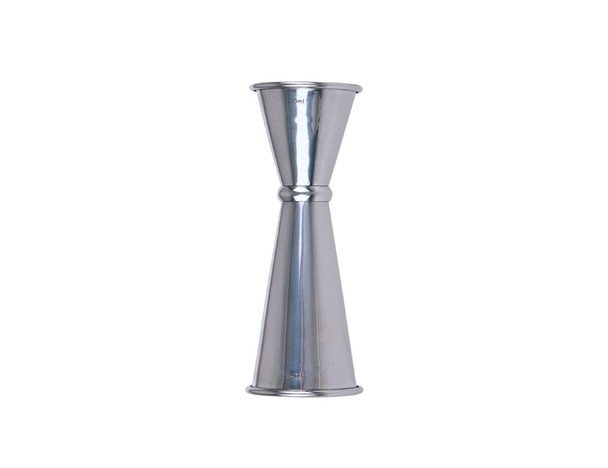 A stainless steel spirit measure with 30ml and 60ml markings, featuring a sleek, mirrored finish and a brand logo.