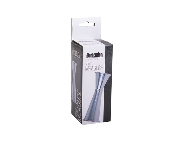 A boxed stainless steel spirit measure in silver, featuring a tapered design and a logo on the packaging.