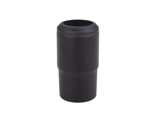 A drink bottle in matte black with a cylindrical design, featuring a top opening and a smooth, sleek finish.