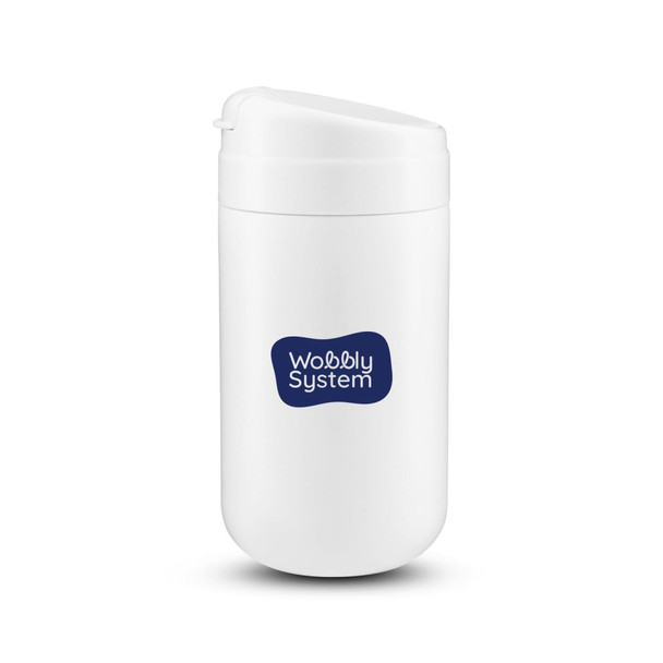 A white coffee cup with a lid and a logo on the front.