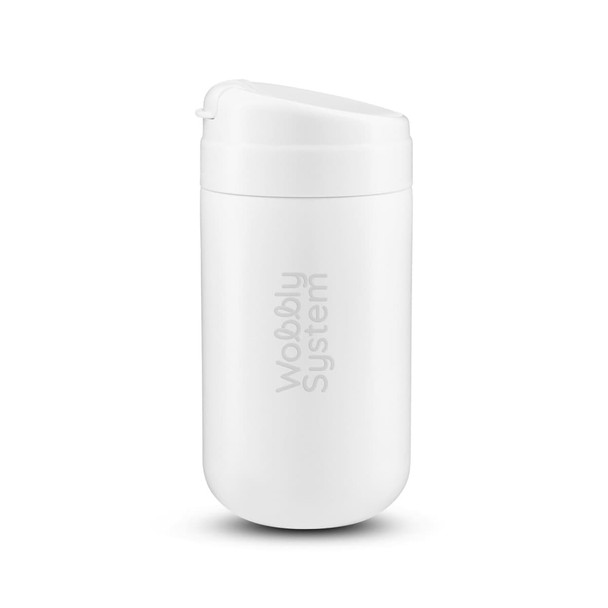 A white reusable coffee cup with a lid and a logo, designed for hot beverages.