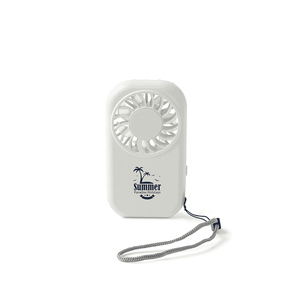 A white mini pocket fan with a palm tree logo and a wrist strap.