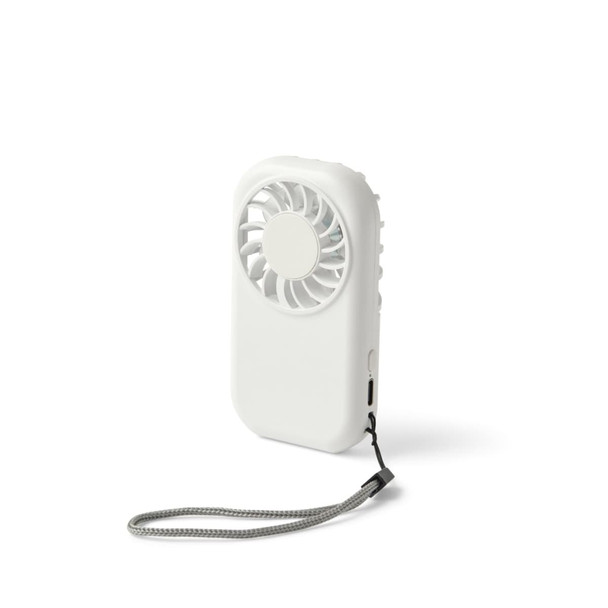 A white mini pocket fan with a grey wrist strap. The fan features a circular grille for airflow.