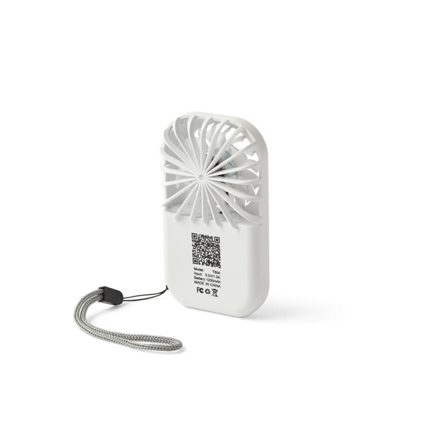 A white mini pocket fan with a circular blade design and a detachable cord for easy carrying.