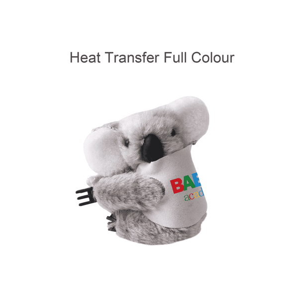 A grey koala plush toy with a white shirt and a logo, featuring cute ears and a friendly expression.