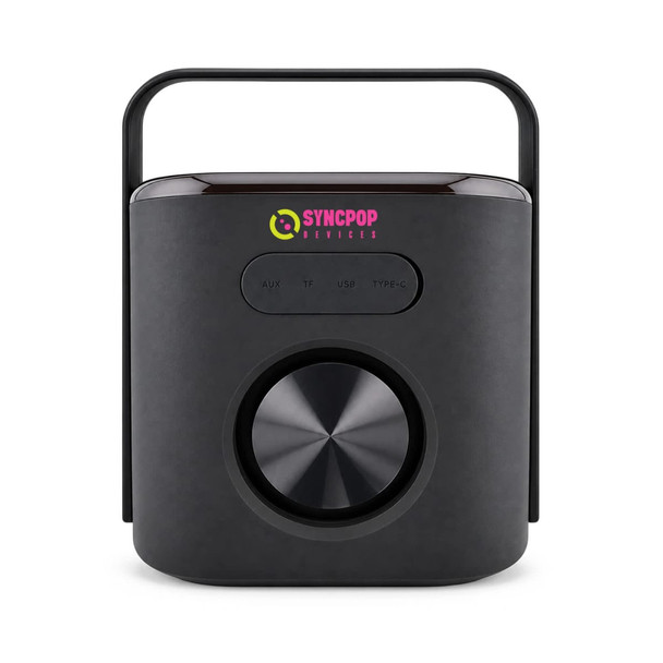 A black Bluetooth speaker with a handle and a large central control knob, featuring a logo on the front.