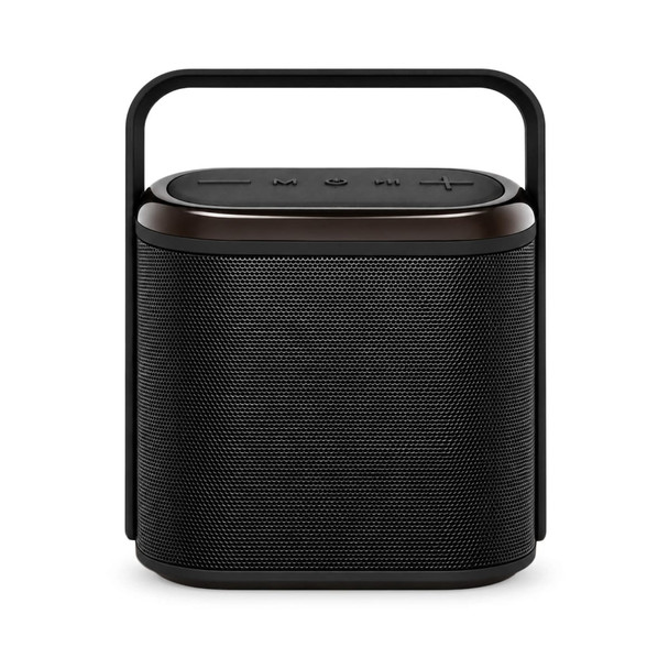 A compact black Bluetooth speaker with a handle and control buttons on top. It features a mesh grille design.