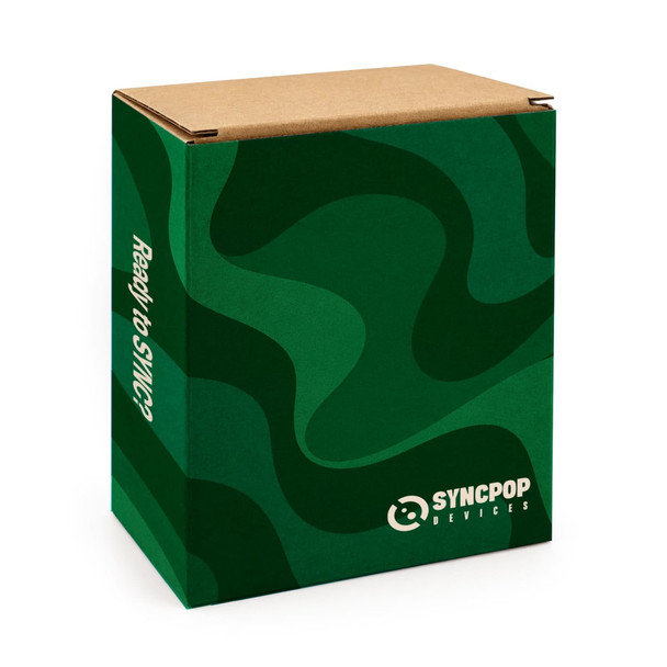 A green box featuring a wavy design and branding for Syncpop Devices.