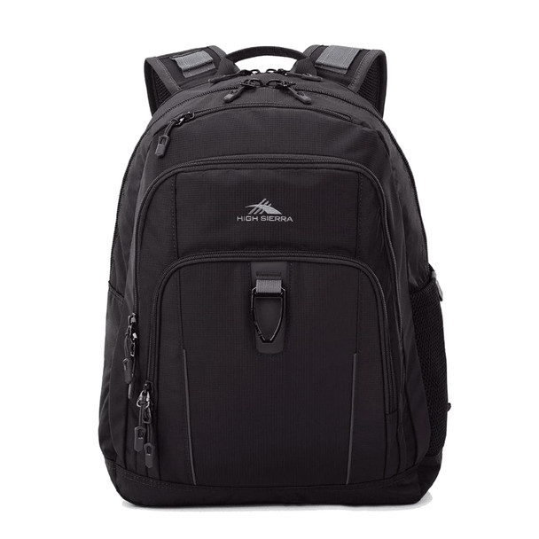 A black High Sierra Extension Backpack 39L featuring multiple pockets, zippers, and a logo.