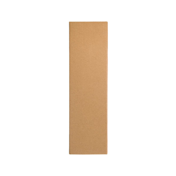 A drink bottle is packaged in a plain brown cardboard box, showcasing a rectangular shape and a minimalistic design.
