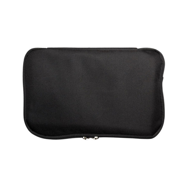 A black cooler bag with a zippered closure, featuring a sleek, textured surface.