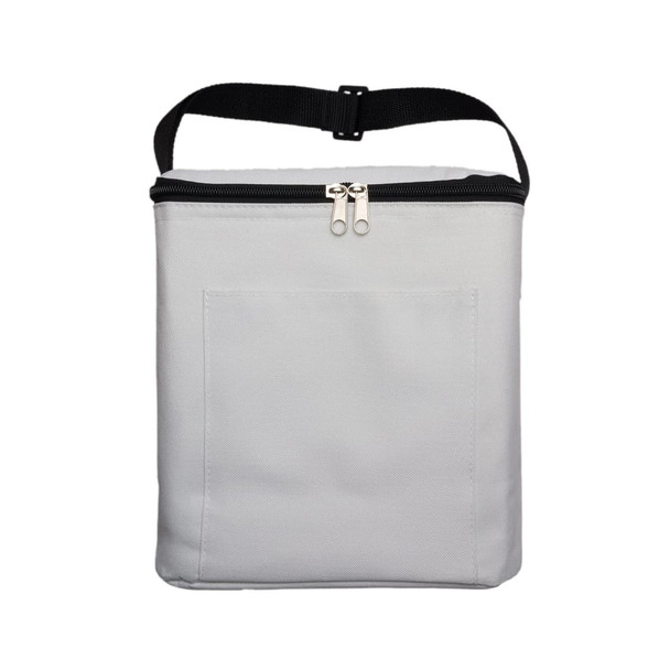 A grey cooler bag with a front pocket and a black adjustable strap. It features a zip closure and branding.