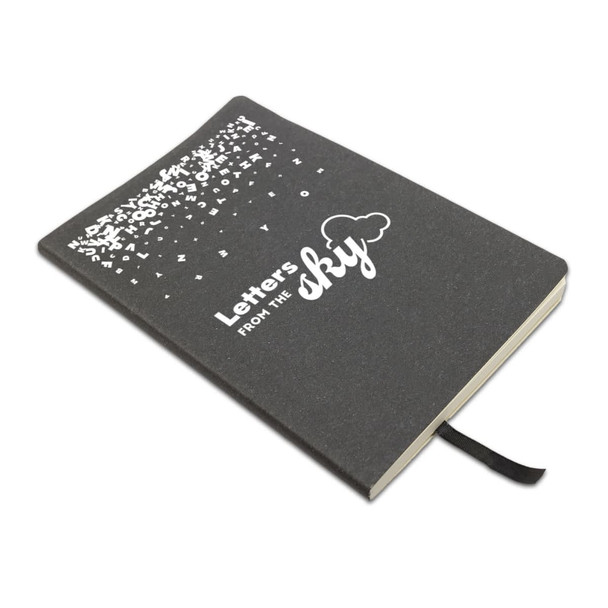 A black recycled leather notebook with a cloud design and a ribbon bookmark. It features the words "Letters from the sky."