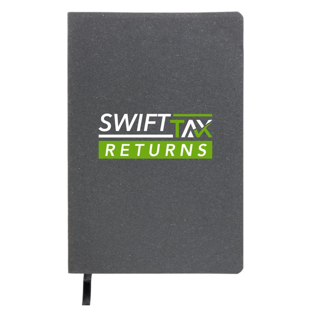 A recycled leather notebook with a soft cover featuring the logo "SWIFTTAX RETURNS" in green and black.