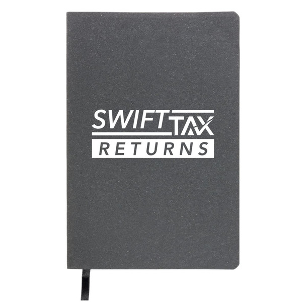 A recycled leather notebook featuring a dark cover with the text "SWIFTTAX RETURNS" printed prominently on the front.