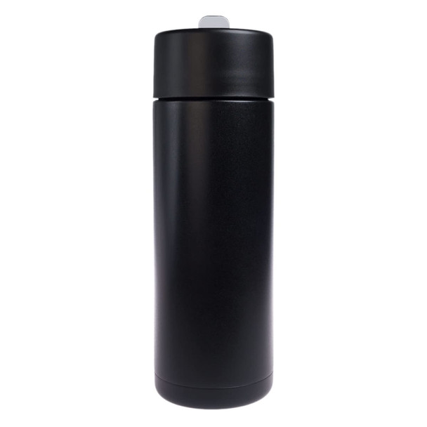 A drink bottle in matte black finish with a sleek design and a removable lid, featuring a branding logo.