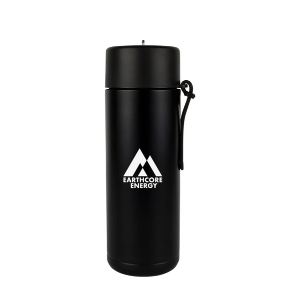 A drink bottle in matte black with a strap and a logo on the front. Ideal for water or beverages.