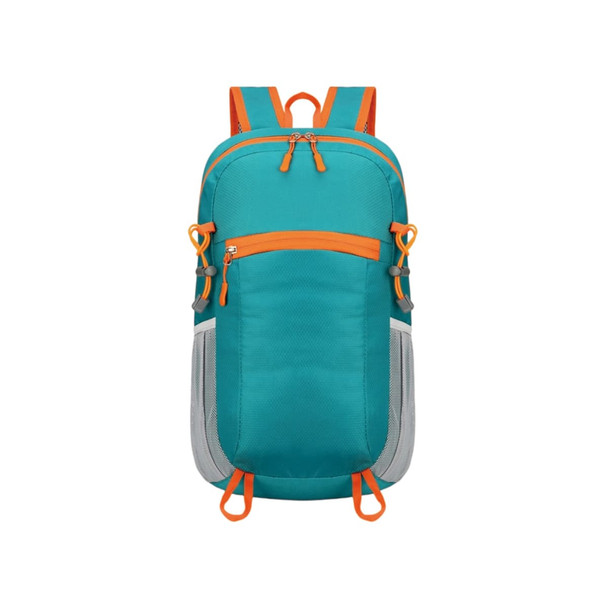 A packable hiking backpack in teal with orange accents and mesh side pockets, featuring zippers and attachment points.