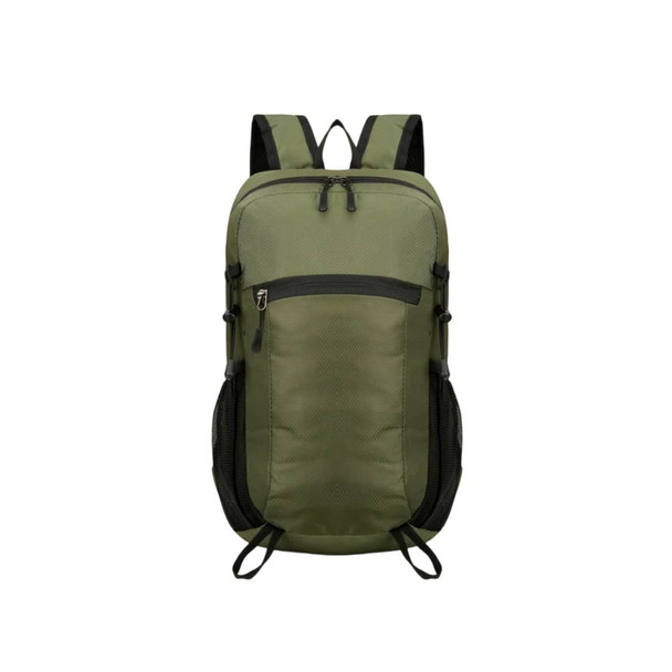 A packable hiking backpack in olive green with zippered compartments and mesh side pockets. It features adjustable straps and a logo.