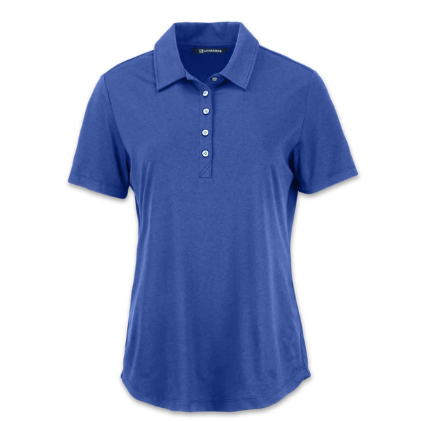 A blue women's polo shirt with a collar and four button placket, featuring a branded logo.