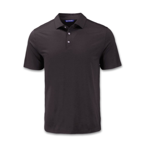 A black polo shirt featuring a three-button placket and a collar. It has a logo on the chest.