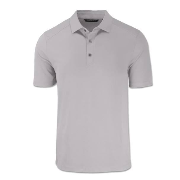 A light grey polo shirt with a collar and three buttons, featuring a logo on the side.