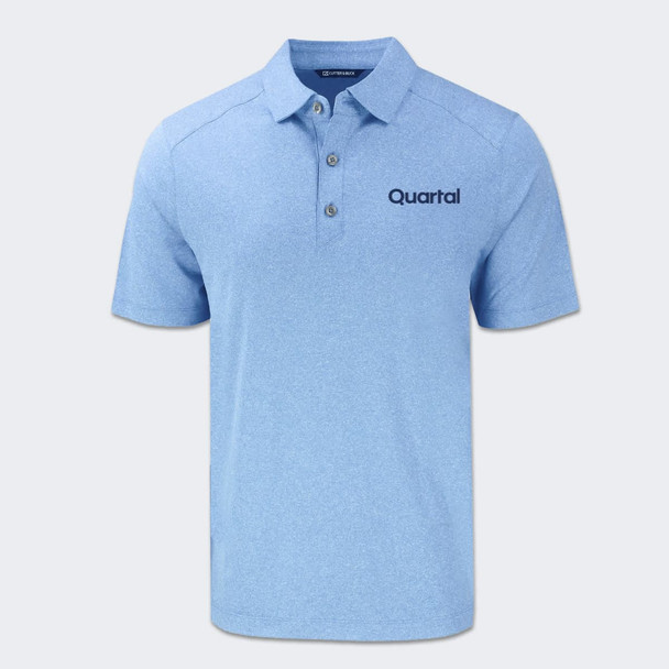 A light blue men's polo shirt featuring a collar, three buttons, and a logo on the chest.