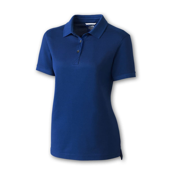 A blue women's polo shirt with a collar, short sleeves, and a logo.