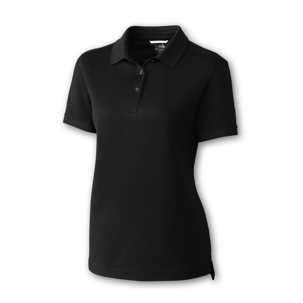 A black women's polo shirt featuring a collar and a three-button placket, with a logo present.