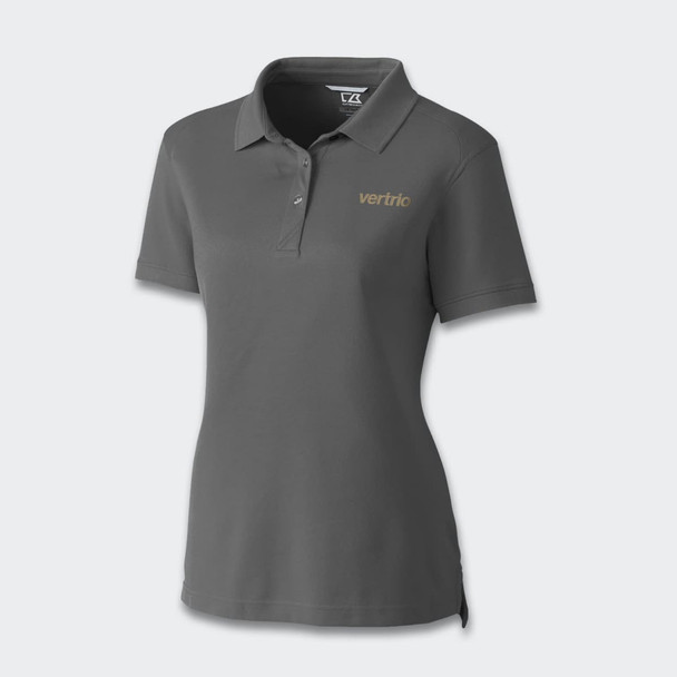 A women's polo in grey with a collar and a logo on the front.