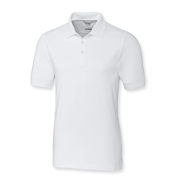 A white men's polo shirt with a collared neck and short sleeves, featuring a logo on the chest.