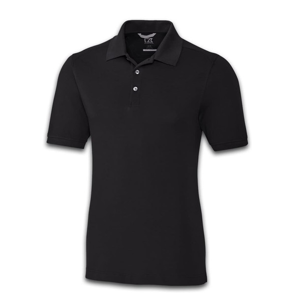A black men's polo shirt with a classic collar and three-button placket, featuring a logo on the chest.