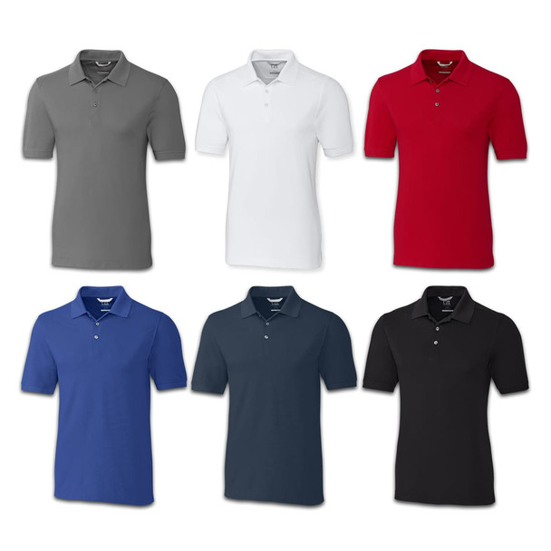 A variety of Cutter & Buck Advantage men's polos in grey, white, red, blue, navy, and black, featuring a logo.