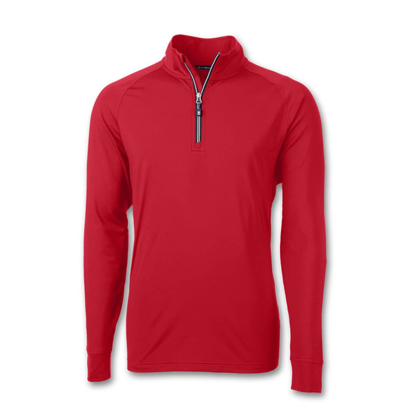 A red half-zip long-sleeve top with a collar and a zipper, featuring a logo.