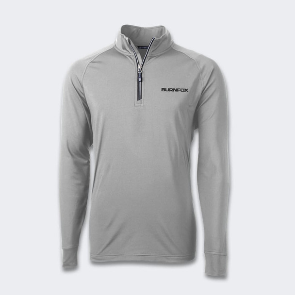 A light grey half-zip men's pullover featuring long sleeves and a logo on the chest.