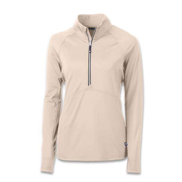 A light beige women's half-zip top with long sleeves and a zippered neckline, featuring a logo.