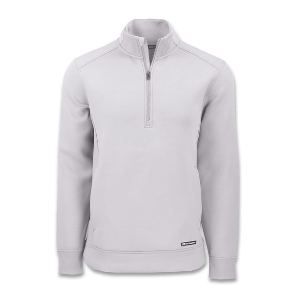 A light grey half-zip jacket with a collar, featuring a logo on the hem and a simple design.